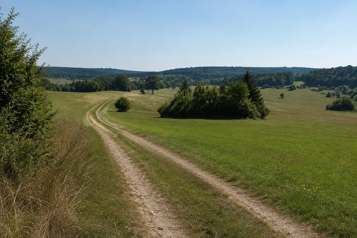 Trockene sanfte Jurahochfläche bei Dinau mit Wiesen, Feldweg, Hecken und Waldinseln im spätsommerlichen Licht.