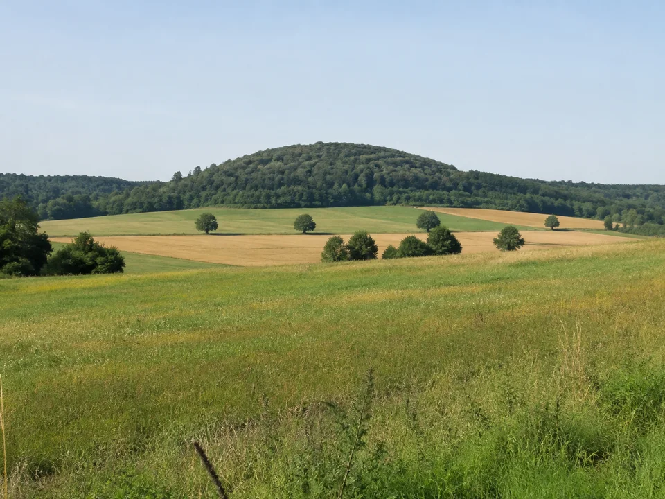 Braunaer Hügelland: niedrige runde bewaldete Kuppen zwischen Wiesen und offenen Feldern