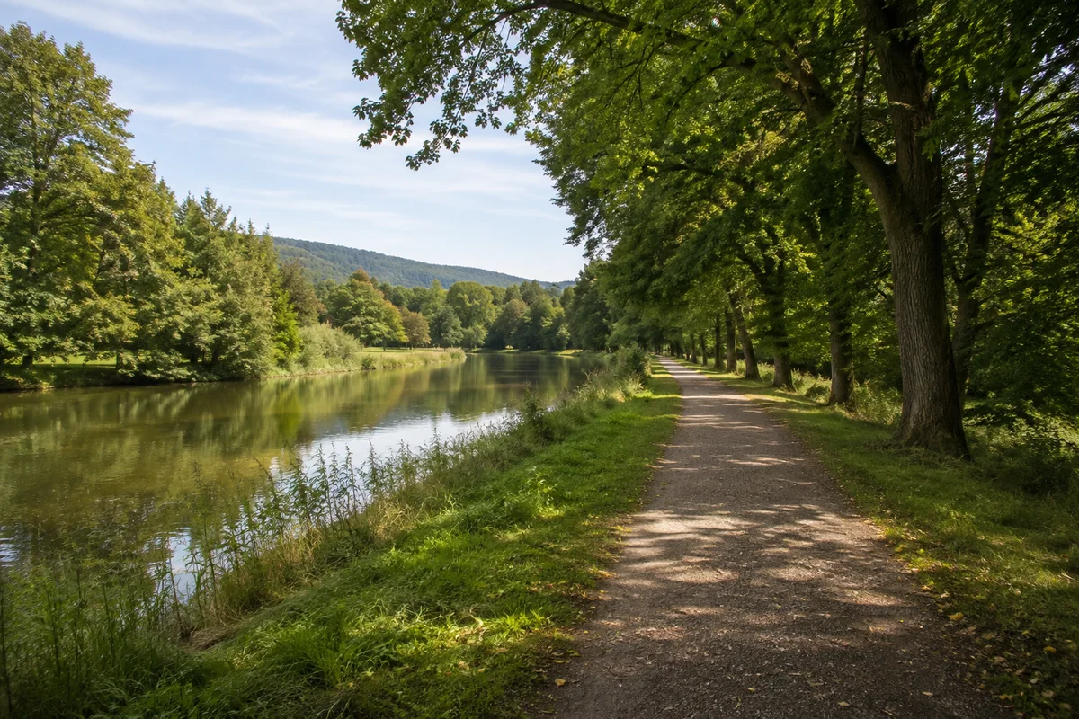 Karlsaue: ebener Kiesweg neben ruhigem langgezogenem Parkgewässer unter alten Laubbäumen