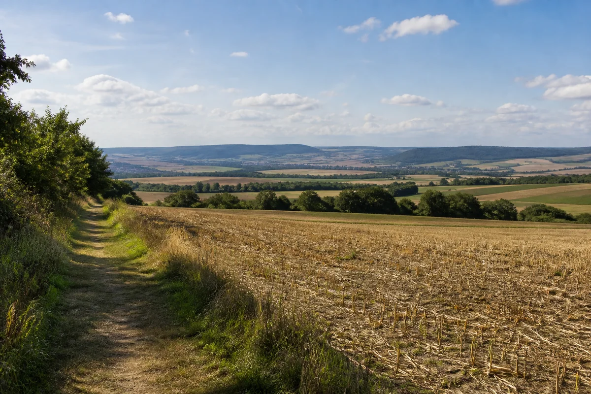 Landwehrhagen: weite Ackerlandschaft oberhalb des eingeschnittenen Fuldabeckens
