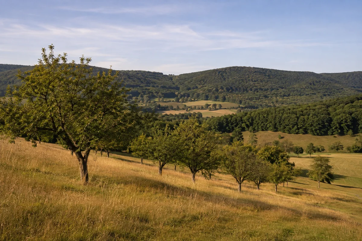 Kleinalmerode: Kirschbaumreihen an welligen Wiesenhängen vor dem Kaufunger Wald im Spätsommer