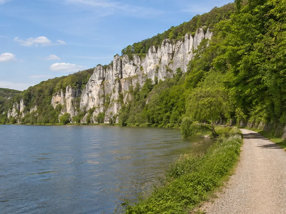Klösterl: breiter Donauweg unter Kalkwänden