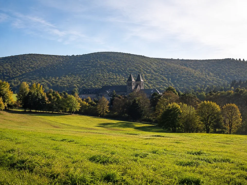 Hainaer Kellerwald: Waldsaum über Wiesen mit historischem Kloster in der Ferne