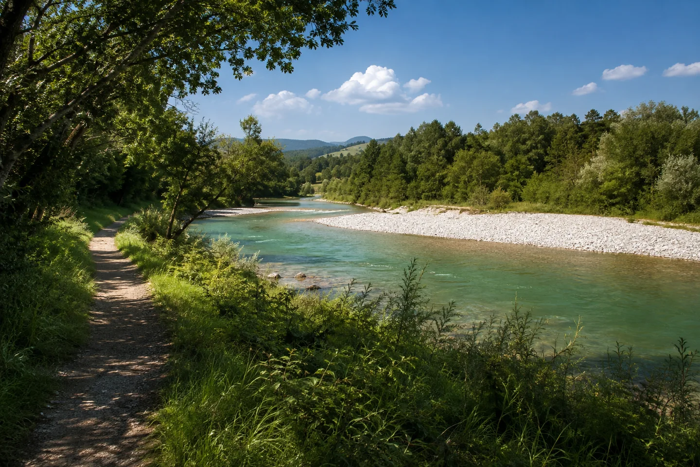 Nördliche Iller bei Hirschdorf: türkisgrüner Fluss mit flachen Kiesrändern, Laubgehölze und Uferweg