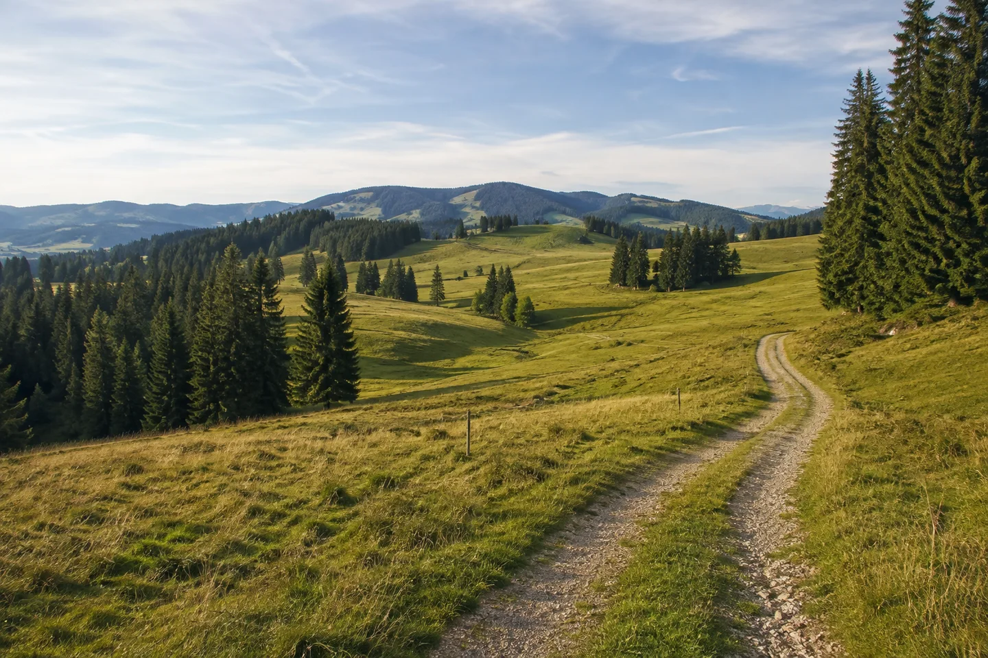 Lenzfrieder Höhen: wellige Voralpenwiesen, schmaler Wirtschaftsweg und dunkle Fichteninseln