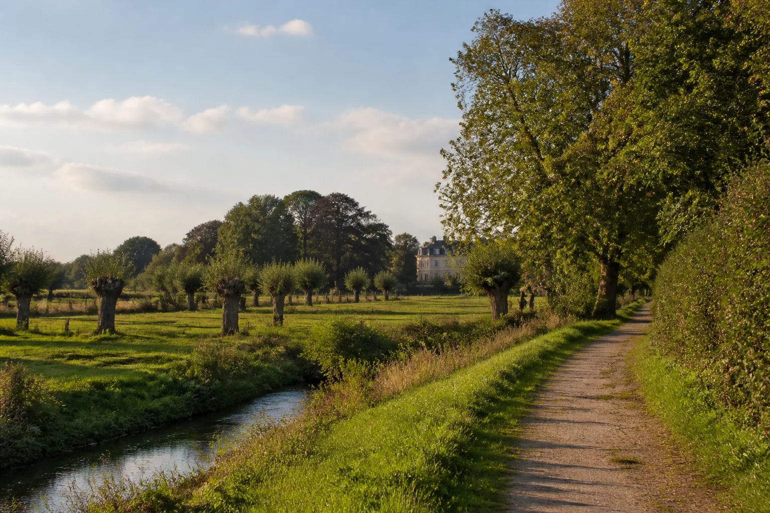 Uferweg an der Erft zwischen Kopfweiden und Wiesen bei Schloss Türnich