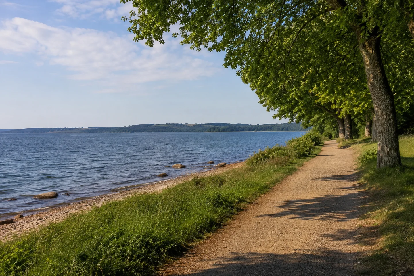 Kiel: Kiellinie – Reventloubrücke: Kieler Förde: Breite blaue Förde mit niedriger gegenüberliegender Küstenlinie, grüner Uferweg und große Laubbäume