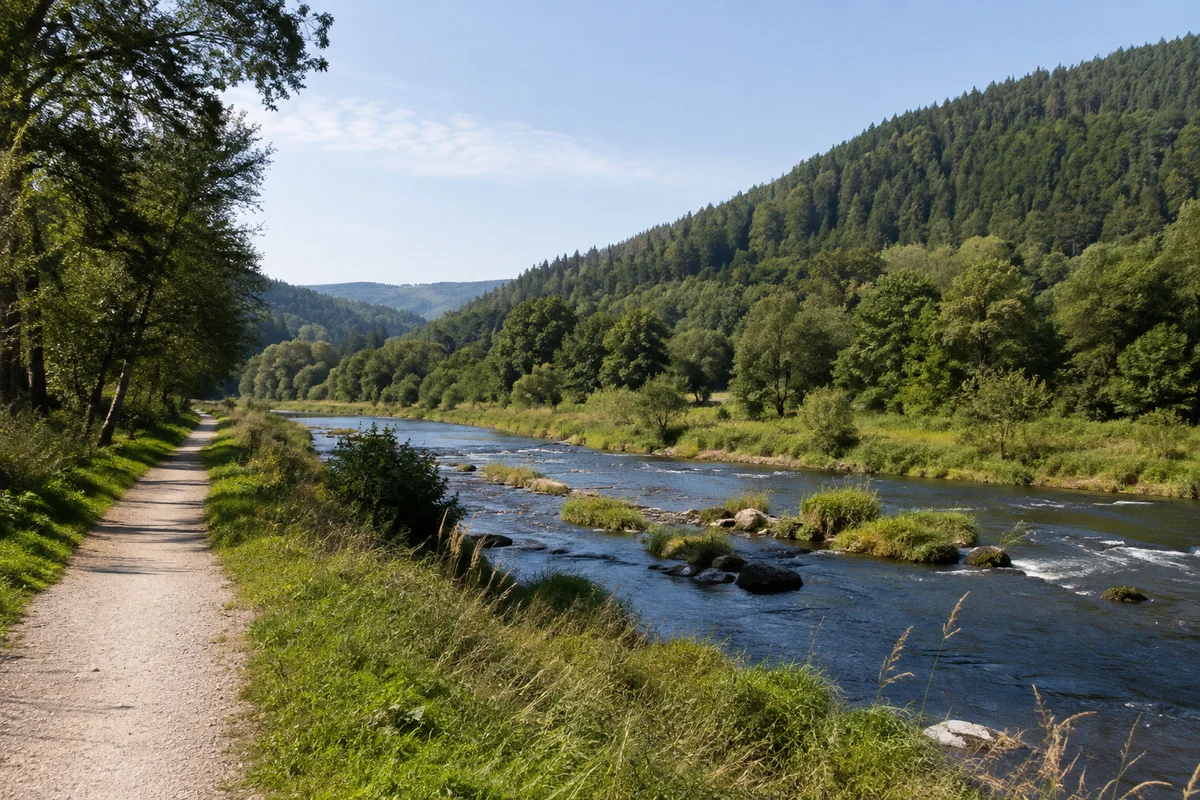 Mittlerer Talabschnitt an Kinzig und Wolf mit breiterem Talboden und Waldhängen.