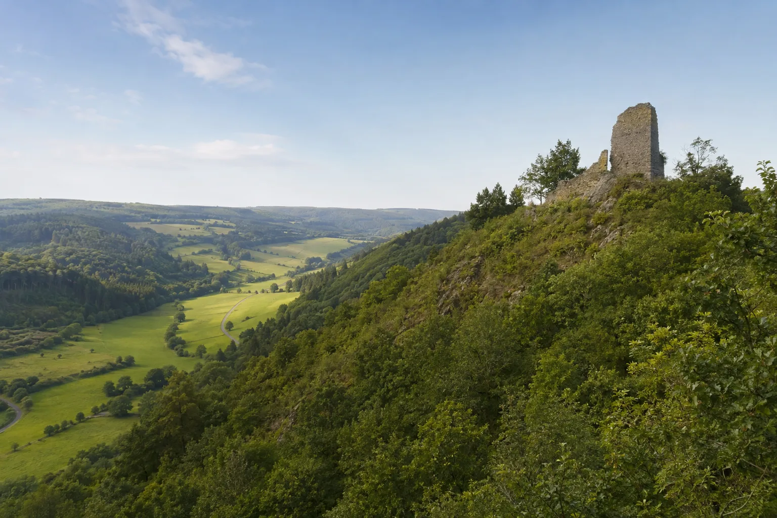 Diller Burg: kleine Burgruine über grünem Tal