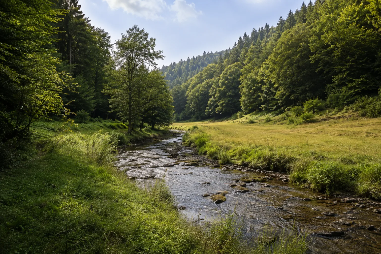 Kyrbachtal: gewundener Bach zwischen Wald und Wiesen