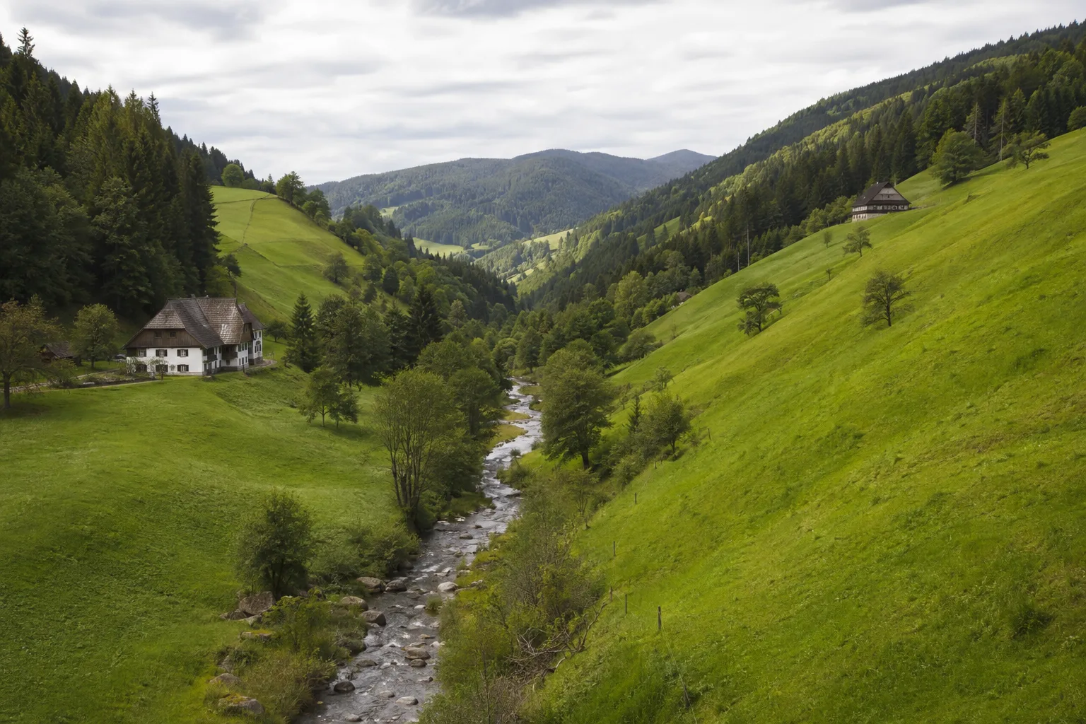 Unteribental: enges grünes Seitental mit Bach, Wiesen und Höfen