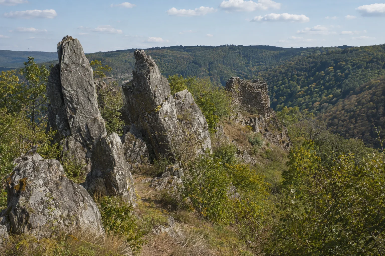Kallenfels: schroffe Quarzitklippen mit Burgruinen