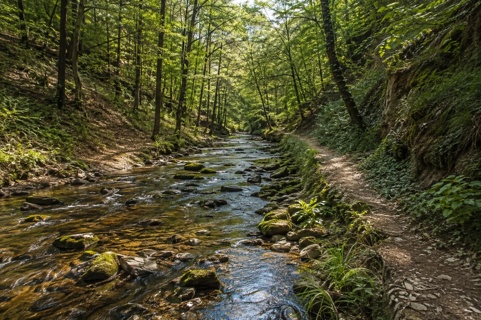 Hahnenbachtal: enger Bachgrund am Soonwaldsteig
