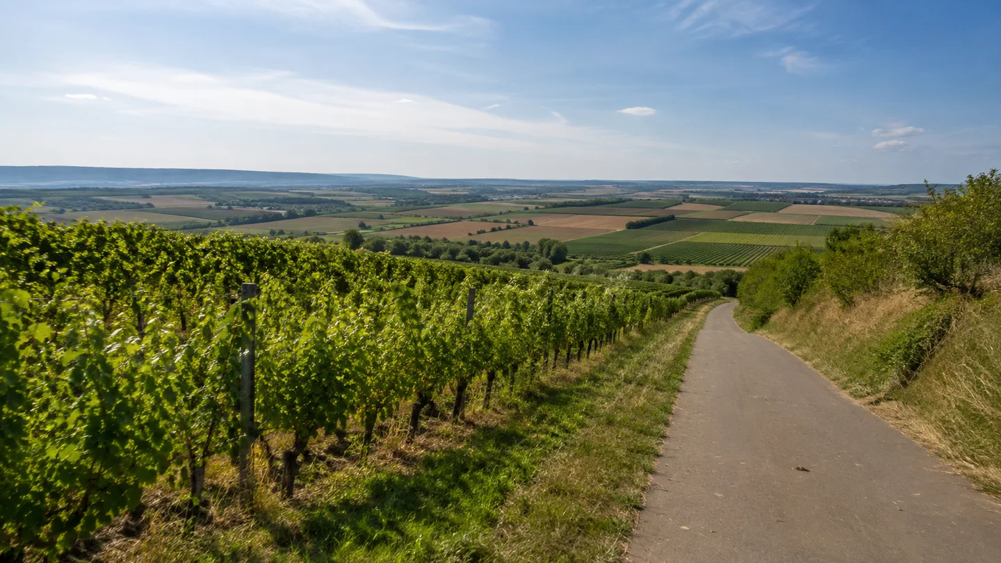 Kitzingen: Eherieder Mühle Wanderstart: Weinberge bei Repperndorf: Niedrige sonnige Weinberghänge bei Repperndorf mit befestigtem Weg und weitem Blick über fränkische Feldfluren