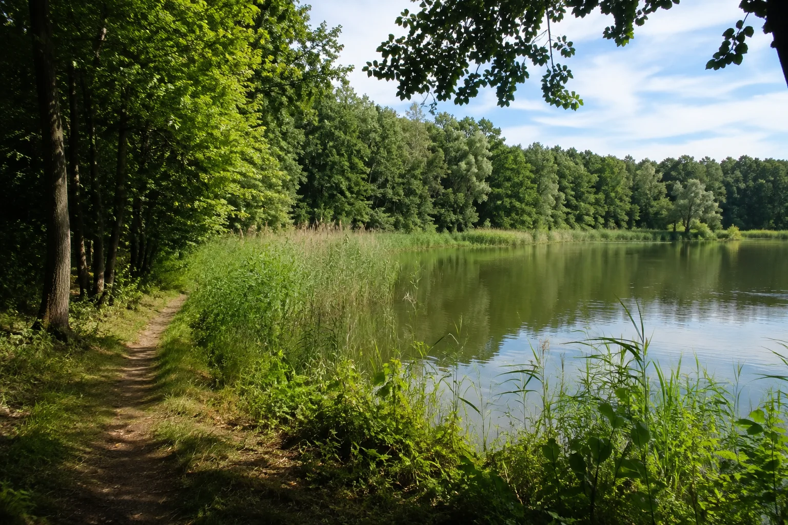 Görnsee bei Grebs: kleiner von Schilf und Wald gesäumter See mit landseitigem naturbelassenem Weg