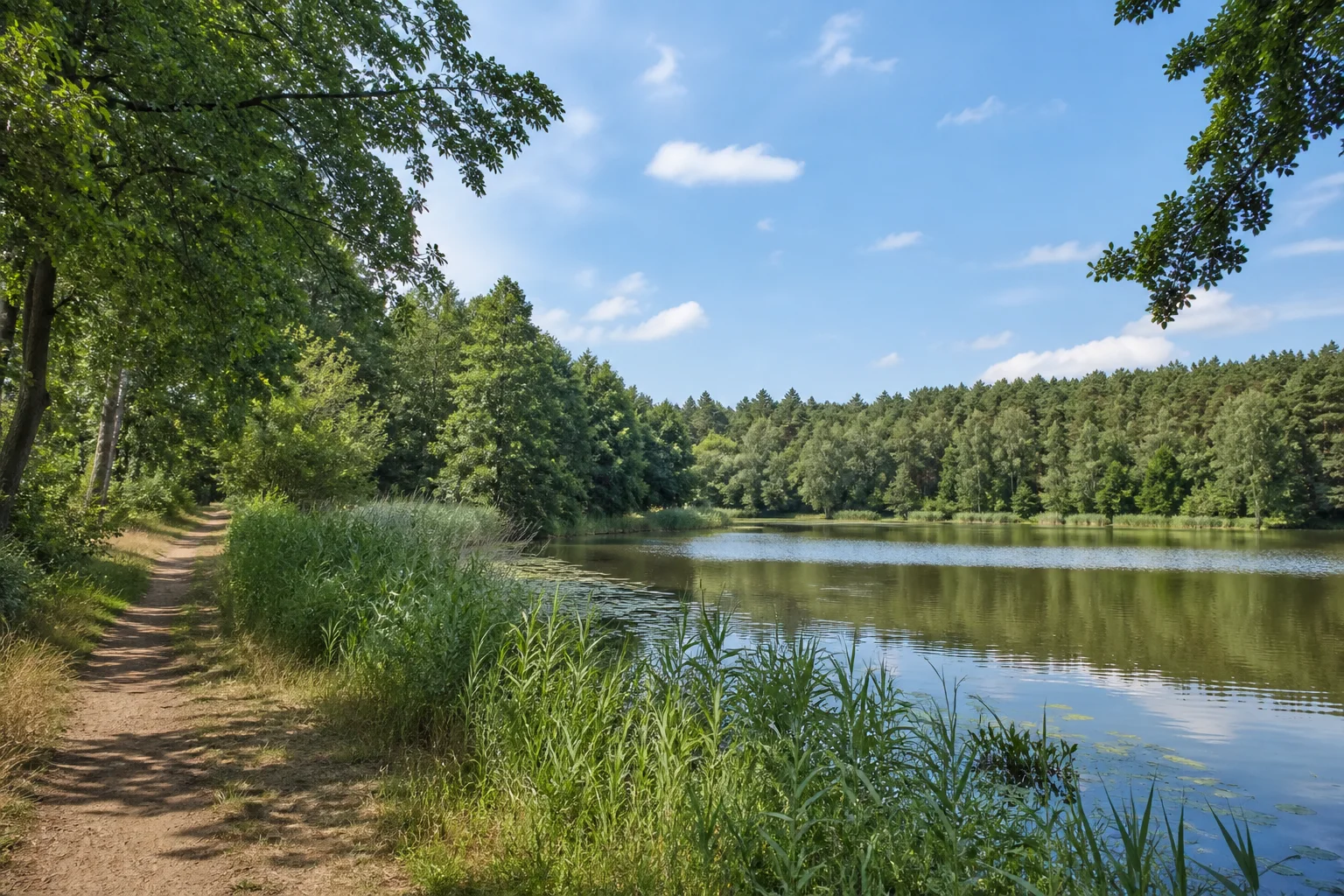 Kloster Lehnin: Lehniner Waldsee: ruhiger kleiner See mit Schilf und Laubbäumen vor märkischem Mischwald