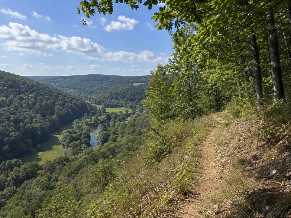 Höhenweg bei Kirchberg: Schmaler Weg am Laubwaldrand oberhalb eines tief eingeschnittenen grünen Jagsttals ohne erfundene Burg
