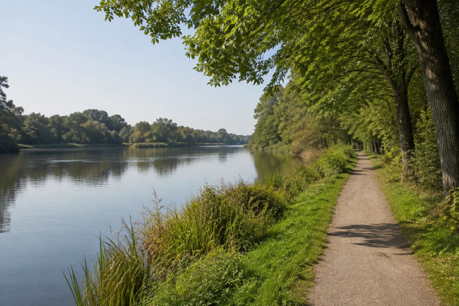 Neue Mühle: ruhiges Dahmewasser mit Ufergehölzen, Schilf und ebenem Landweg