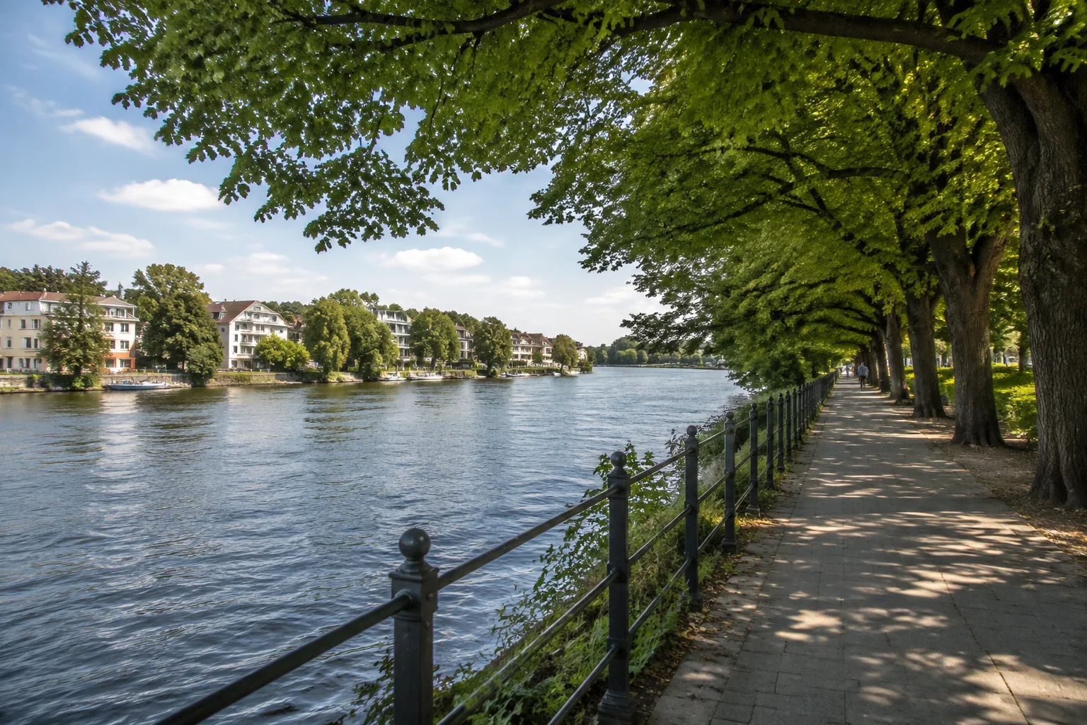 Köpenick: Altstadt / Luisenhain: Dahmeufer mit Laubbäumen und städtischer Promenade.