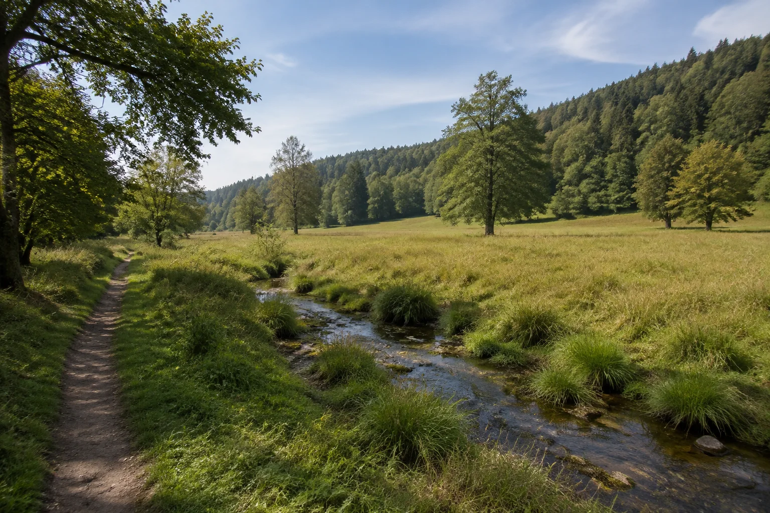 Kirchaitnacher Talwiesen: schmaler Bach, feuchte Wiesen und einzelne Erlen unter sanften Waldhängen.