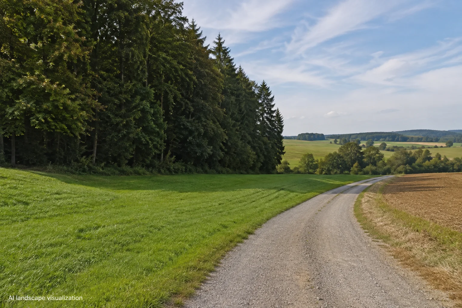 Allersdorfer Feldflur: geschwungener Kiesweg zwischen Feldern, Wiesen und einem dunklen Mischwaldrand.