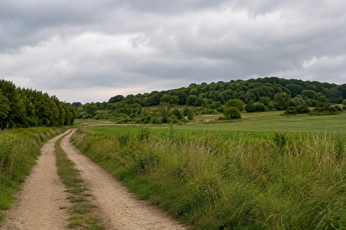 Feldweg am südlichen Ortsrand Kühlungsborns vor bewaldeten Hügeln