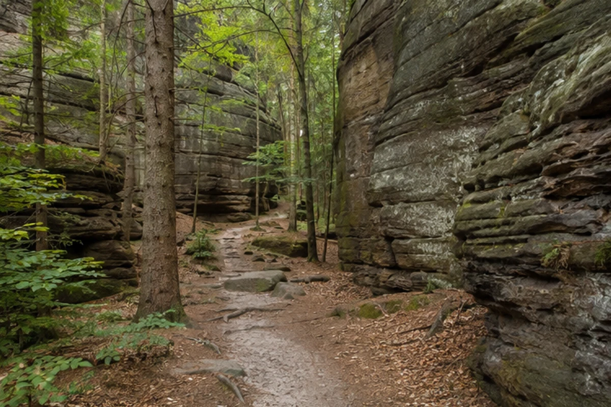 Hinterer Nationalpark: markierter Waldpfad zwischen Sandsteinwänden