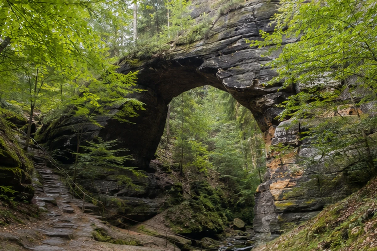 Kuhstall: Lichtenhainer Wasserfall: Kuhstall: großes natürliches Sandstein-Felsentor im Wald
