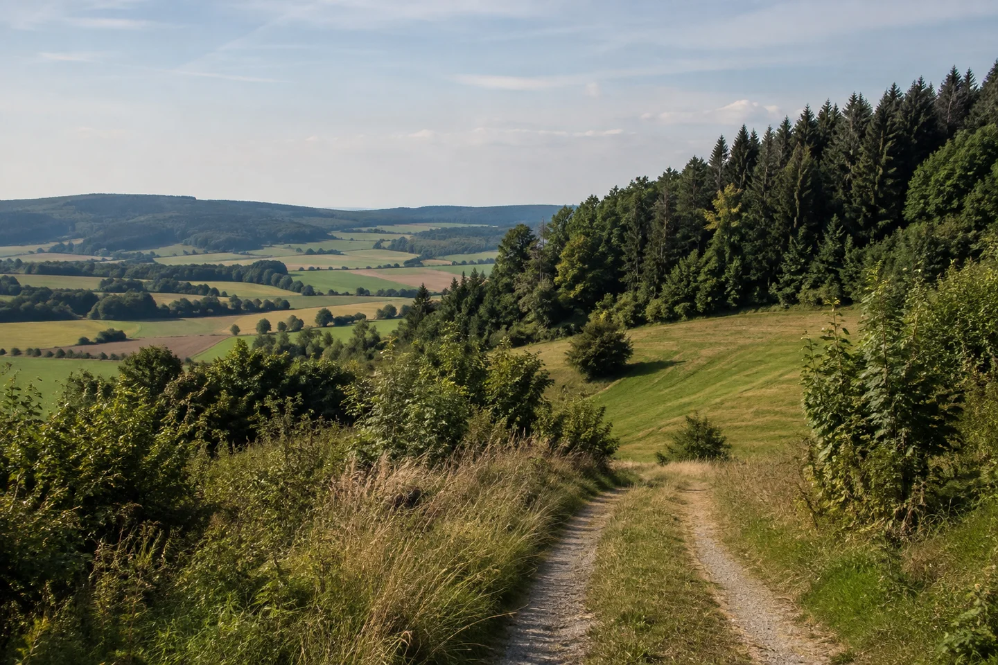 Hügellandschaft bei Ebersbach östlich Kulmbach, kleinräumige Wiesen und Äcker, Feldweg und dichter Mischwald an den Kuppen.