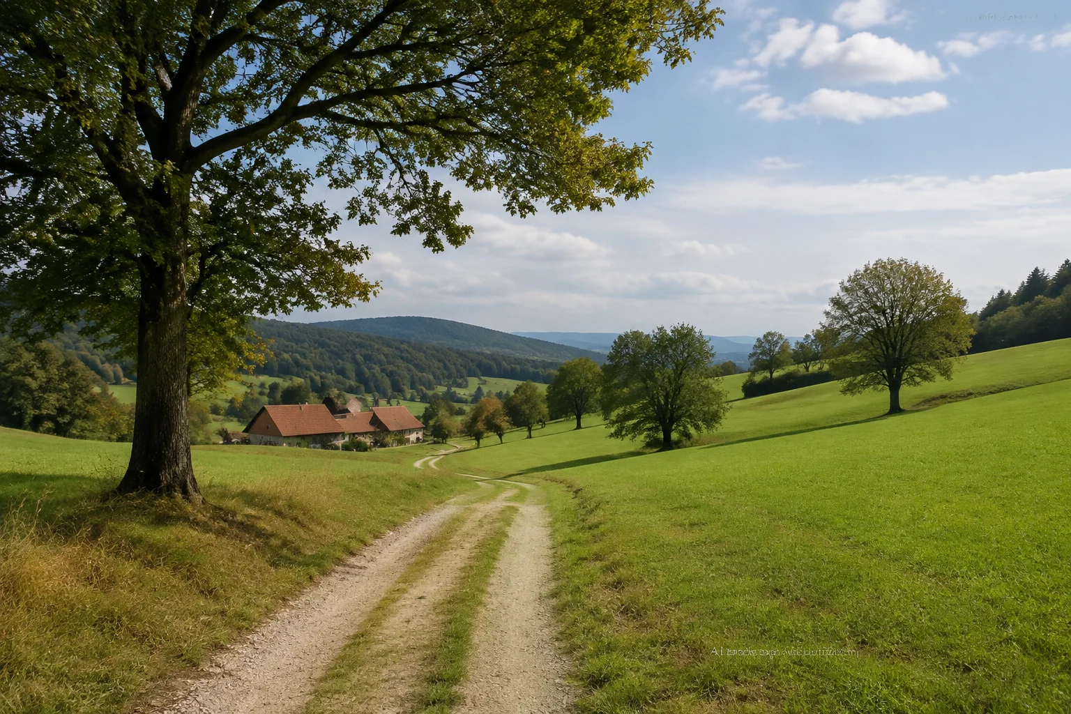 Engelshütter Feldweg: offene Wiesenhänge, einzelne alte Laubbäume und wenige Hofdächer, niedriger Blick vom Weg.
