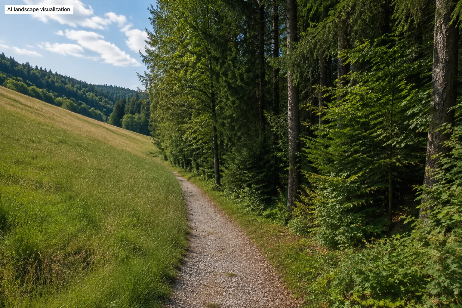 Bucheter Waldsaum: kleiner Kiesweg zwischen ansteigender Wiese und dichtem Bergmischwald, keine Felswand.