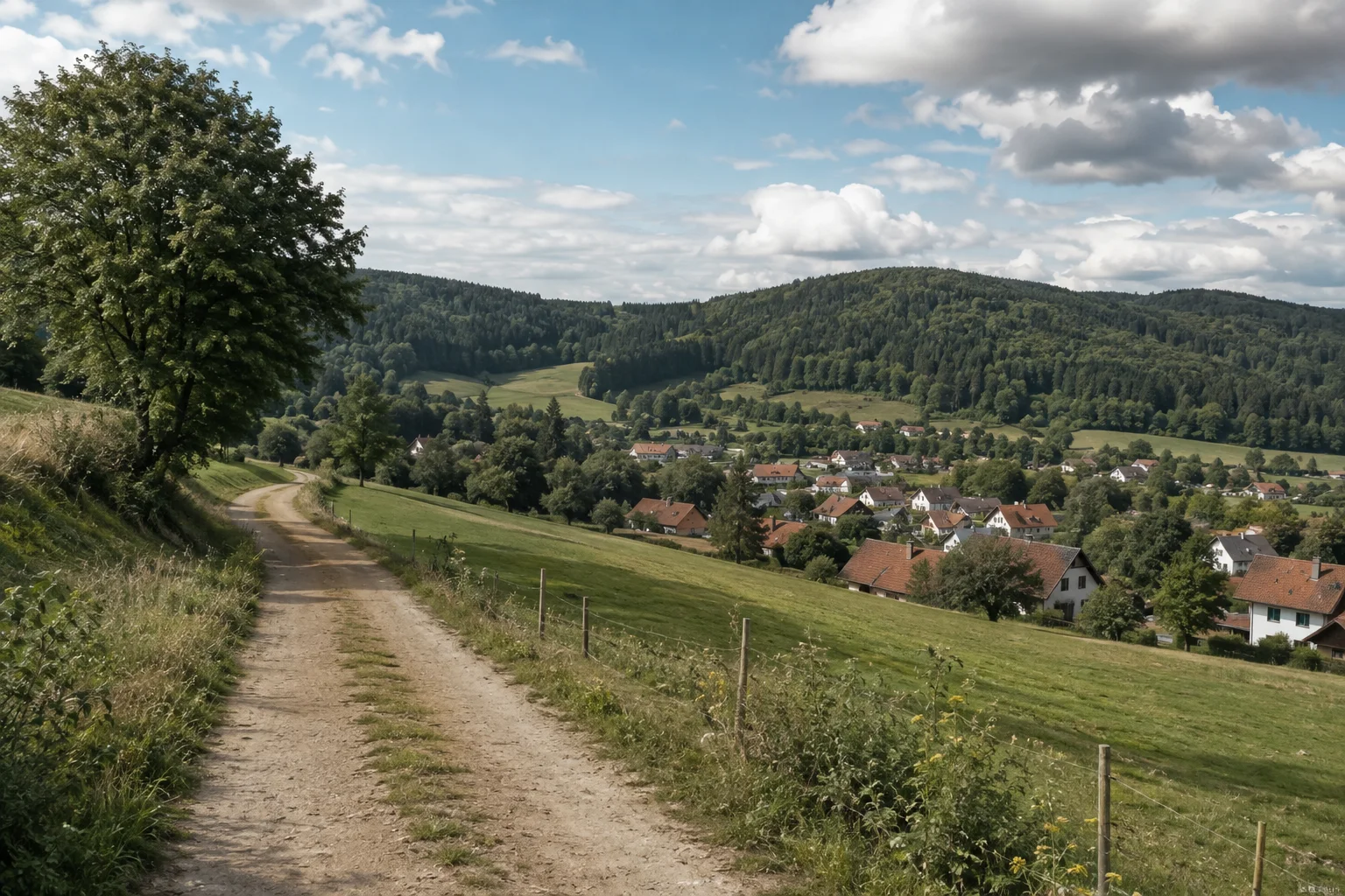 Lamer Hangwiesen: geschwungener Feldweg oberhalb des Marktes, verstreute Häuser mit Ziegeldächern unter bewaldeten Hängen.