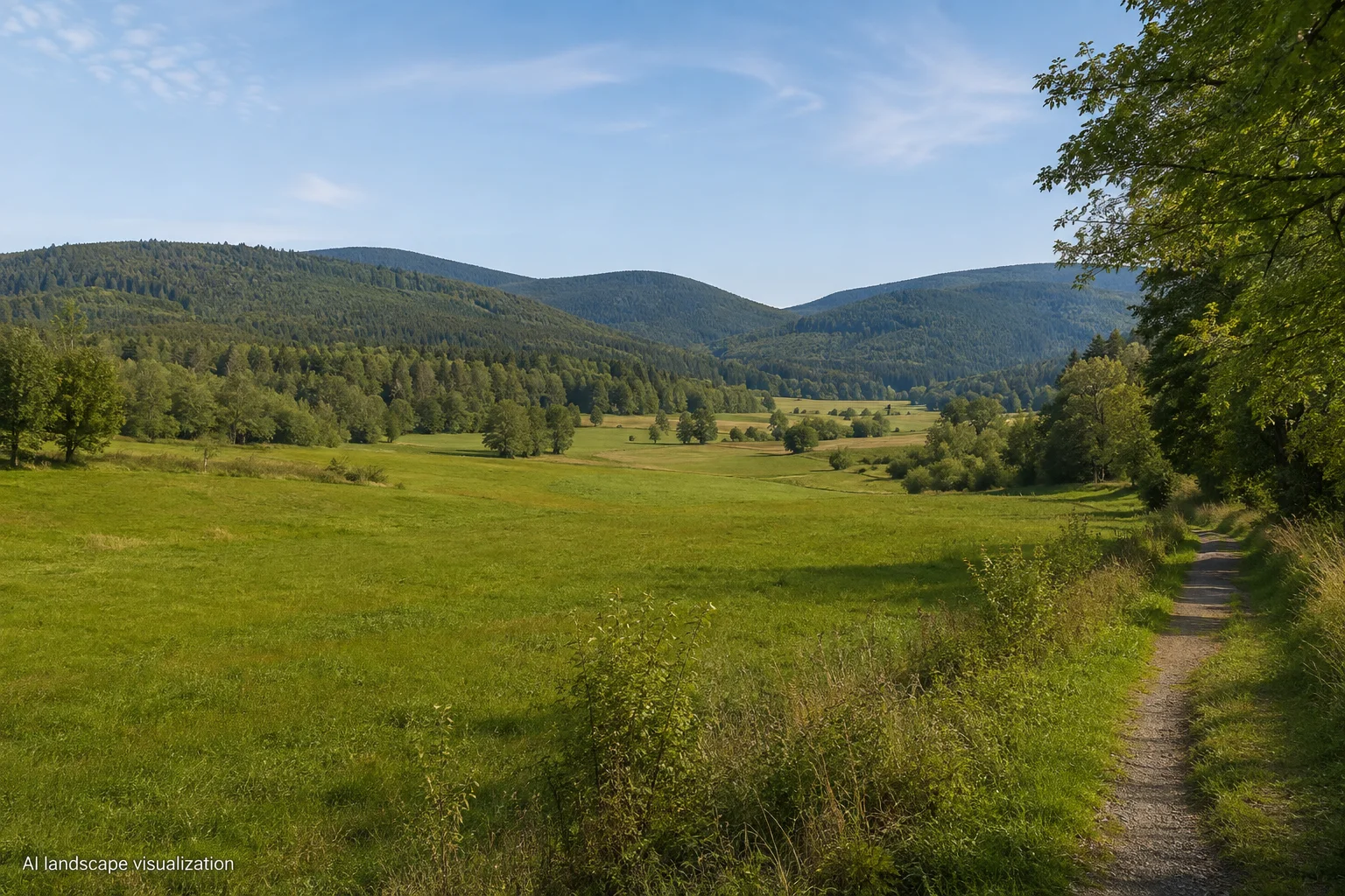 Lamer Winkel: Tal des Weißen Regen: breite grüne Talwiesen bei Arrach vor rundlichen, dicht bewaldeten Bayerwaldhöhen.