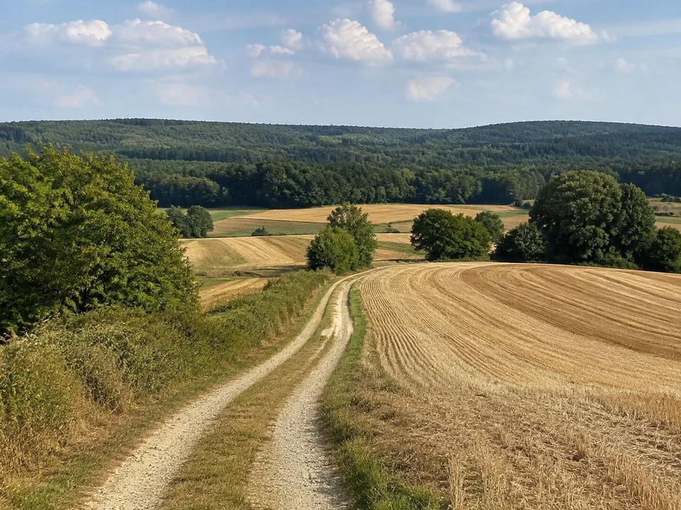 Flur bei Dehnberg: Feldweg über eine sanfte Anhöhe bei Dehnberg mit abgeernteten Feldern, Hecken und weitläufigen Waldsäumen.