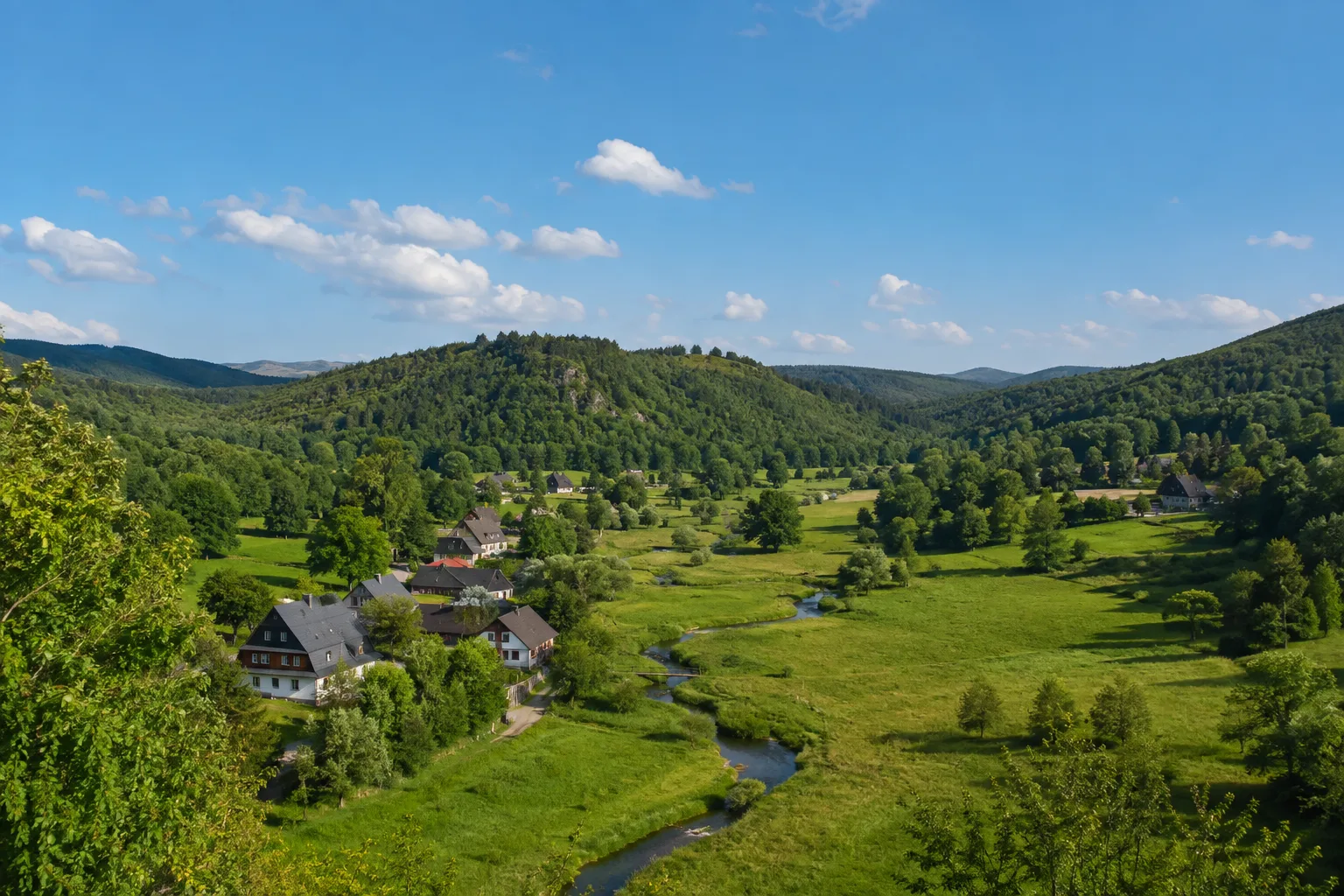 Sohlander Täler: grüne Talwiesen zwischen bewaldeten Rücken