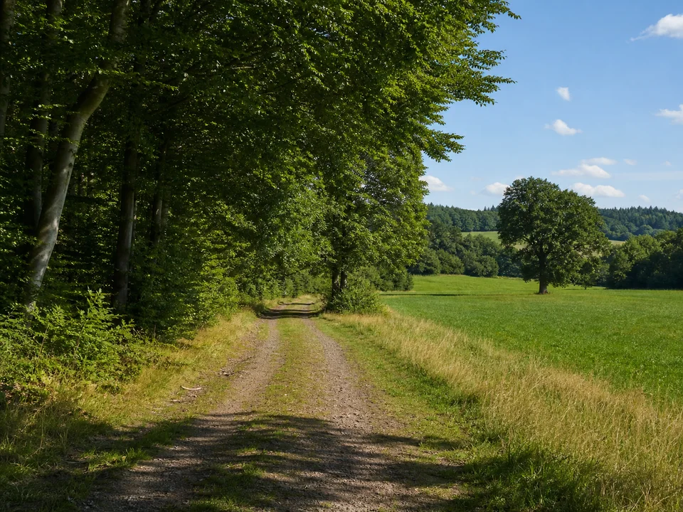 Waldrand bei Allmenrod: Breiter Weg zwischen Buchenwald, Wiesen und einzelnen alten Solitärbäumen
