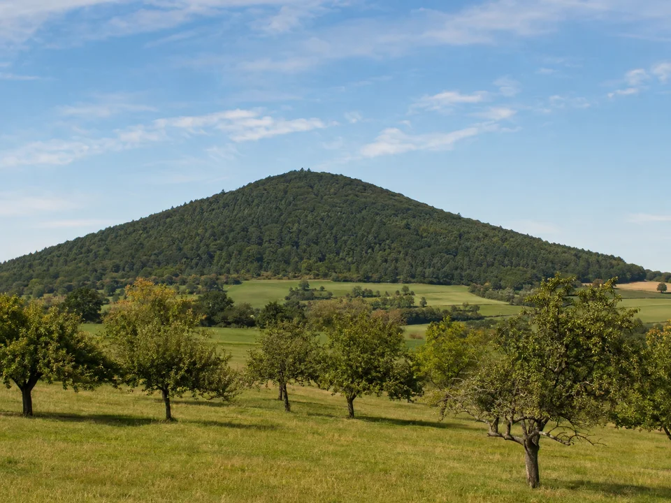 Moritzbergfuß bei Diepersdorf: Wiesen und Obstbäume bei Diepersdorf vor dem einzeln aufragenden, vollständig bewaldeten Moritzberg; sanfter fränkischer Zeugenberg, keine Felsgipfel.