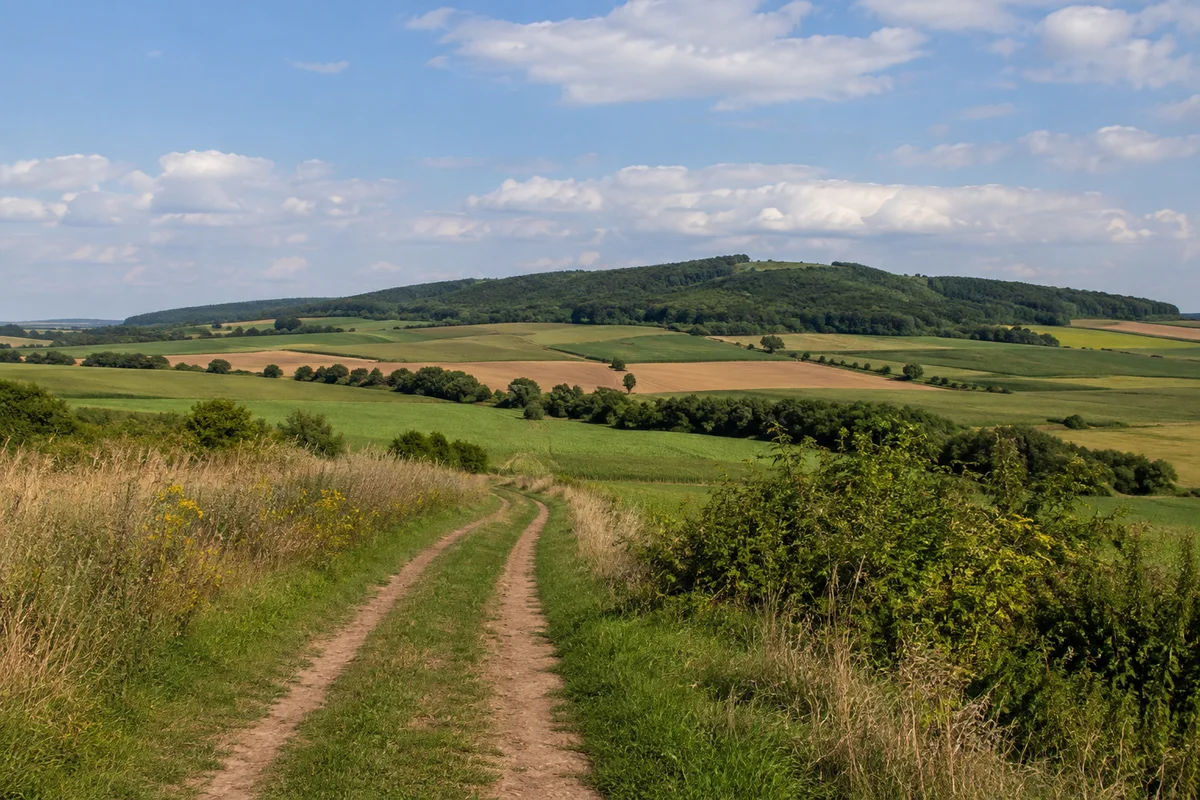 Feldweg durch offene hügelige Äcker und Wiesen bei Birkungen, markanter aber niedriger bewaldeter Dün am Horizont