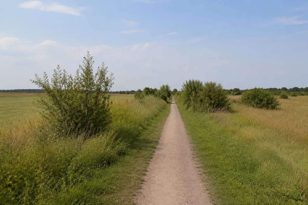 Holzhausen: flache Feldflur am Leipziger Stadtrand mit schmalem Weg und niedrigen Gehölzen