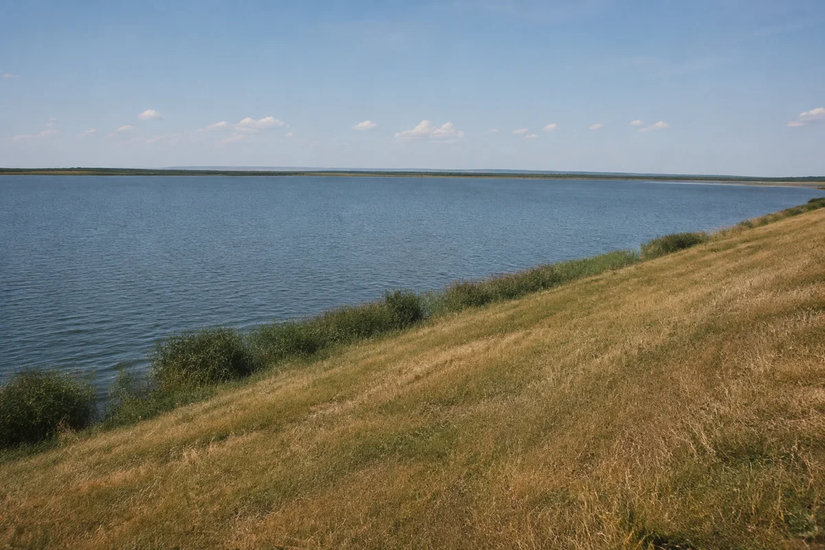 Zwenkauer See: leicht geneigte trockene Grasböschung über weiter Wasserfläche, niedriger Horizont