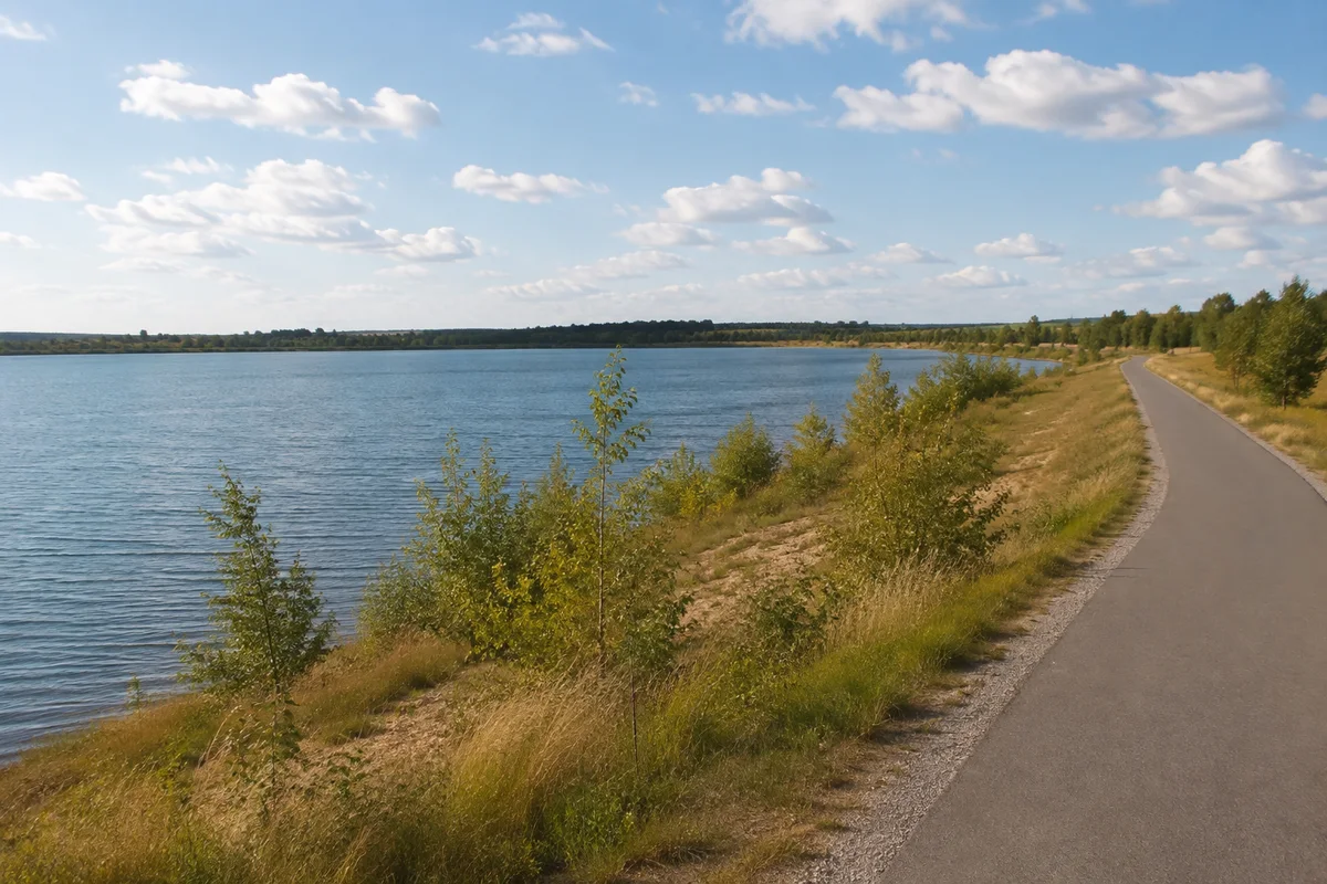Leipziger Neuseenland: Markkleeberg-Ost: Markkleeberger See: weite Wasserfläche mit niedrigem rekultiviertem Ufer, jungen Gehölzen und befestigtem Uferweg