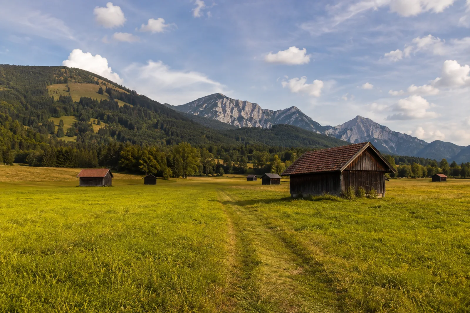 Lenggrieser Wiesen: Heustadel und Blumenwiesen am westlichen Talrand