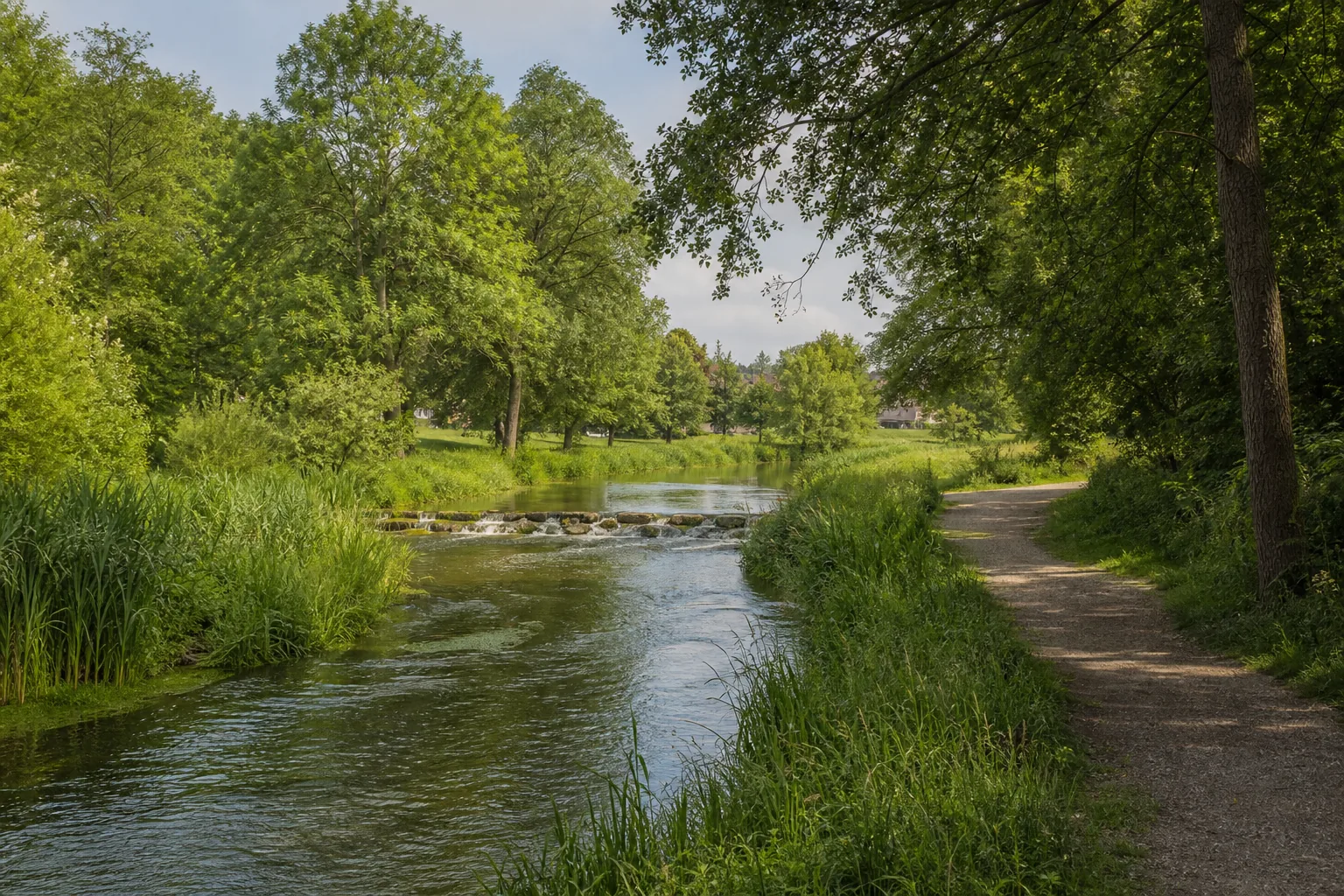 Uferweg an einem Lippe-Seitenarm und niedrigen Steinwehr im Grünen Winkel