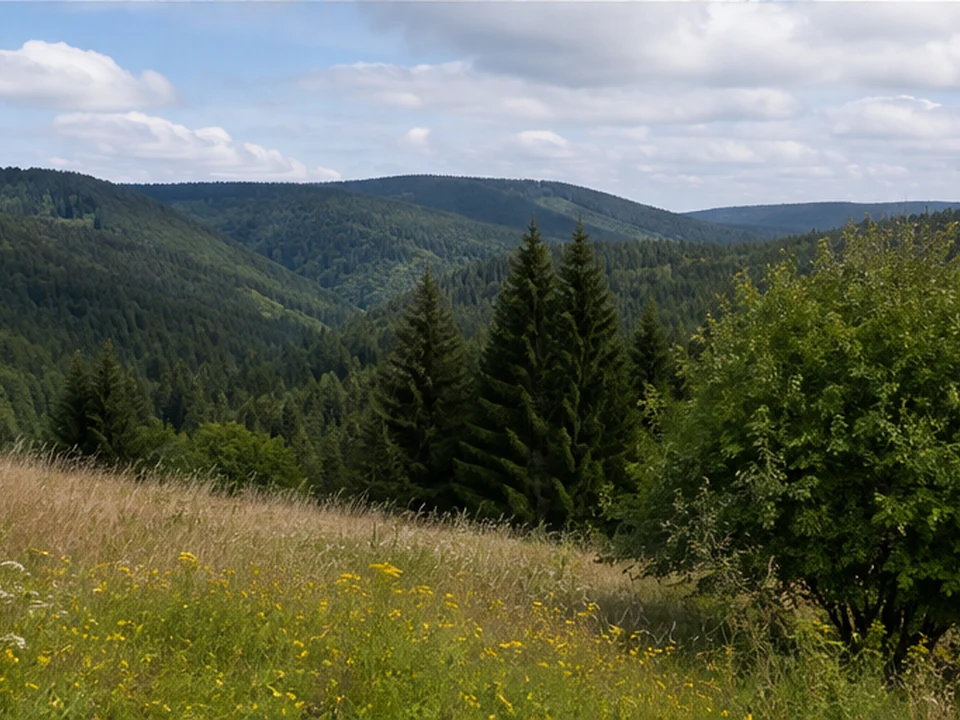 Wombacher Höhe: Wiesenrand mit Blick auf bewaldete Berge