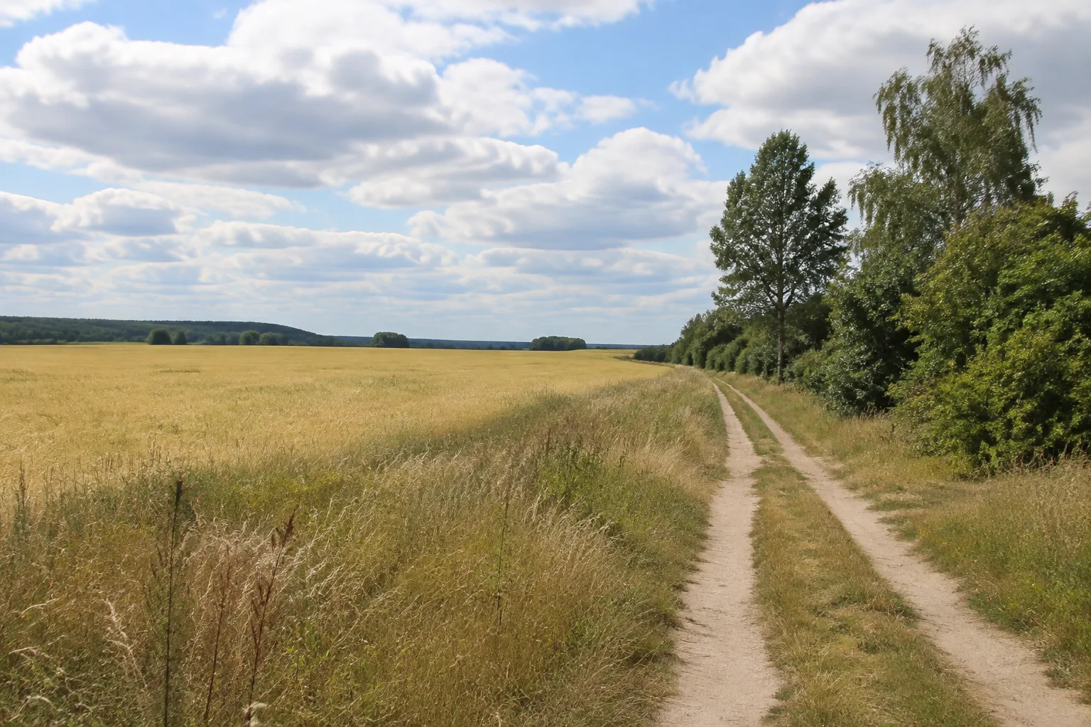 Frankenfelder Feldflur: offene flache Feldlandschaft mit dörflichem Weg und Gehölzstreifen