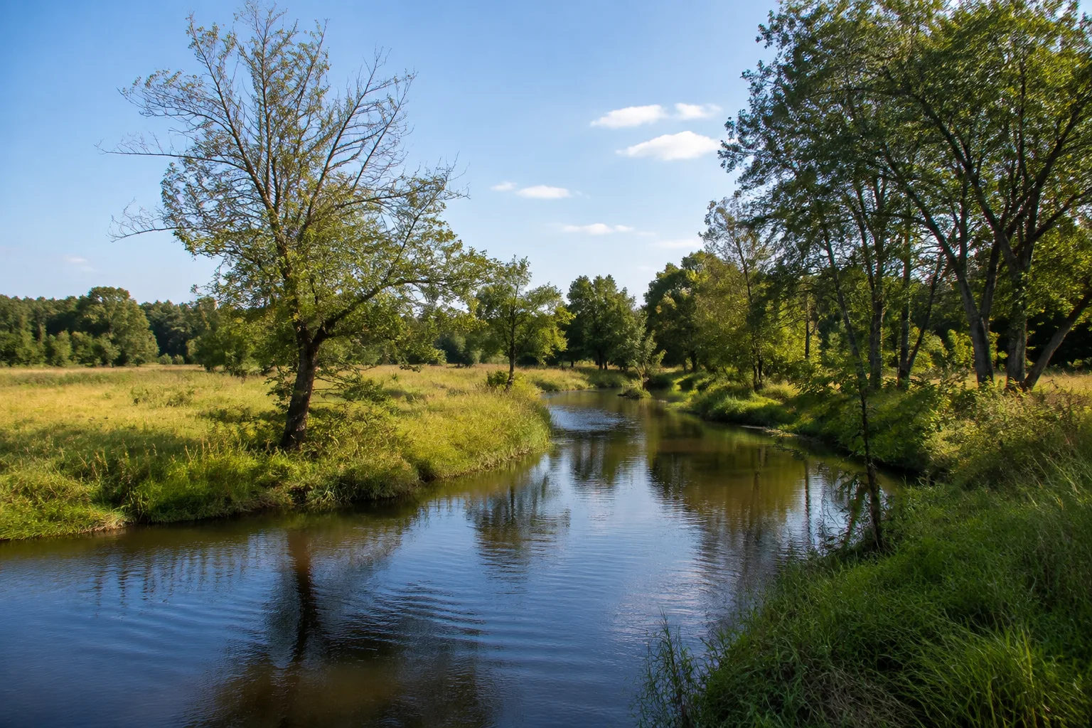 Luckenwalde: Elsthal / Teichwiesen: Nuthewiesen bei Luckenwalde: schmaler Fluss zwischen flachen Wiesen und lockeren Laubbäumen