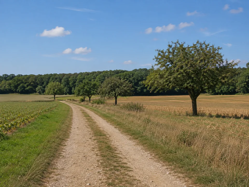 Eglosheimer Feldrand: Breiter Feldweg durch offene Ackerflur mit einzelnen Obstbäumen und niedrigem Laubwald am Horizont