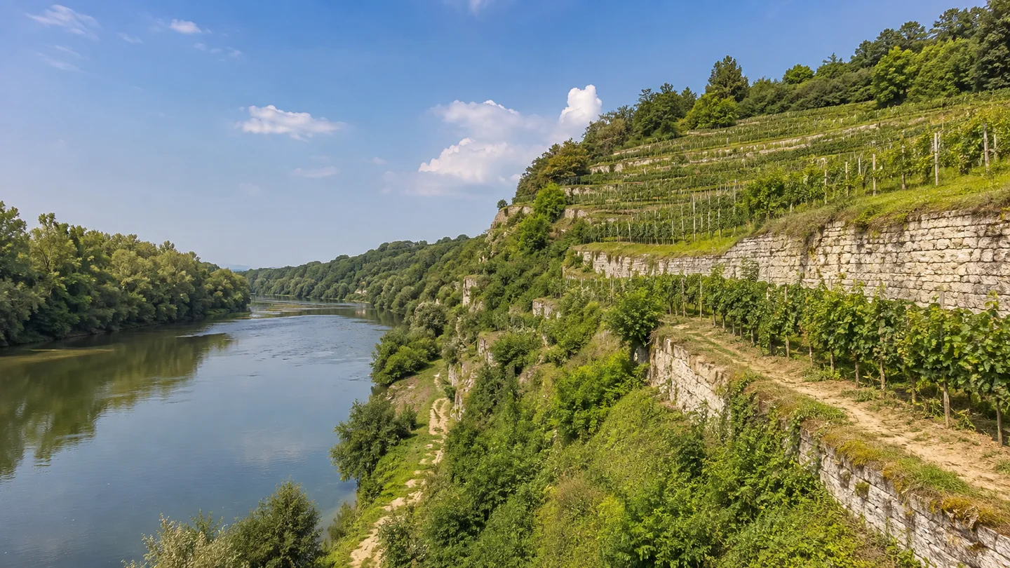Ludwigsburg: Hoheneck – Heilbadhaltestelle: Ludwigsburger Neckarsteillagen: Steiler terrassierter Weinberghang mit hellen Muschelkalk-Trockenmauern oberhalb eines breiten Neckarabschnitts