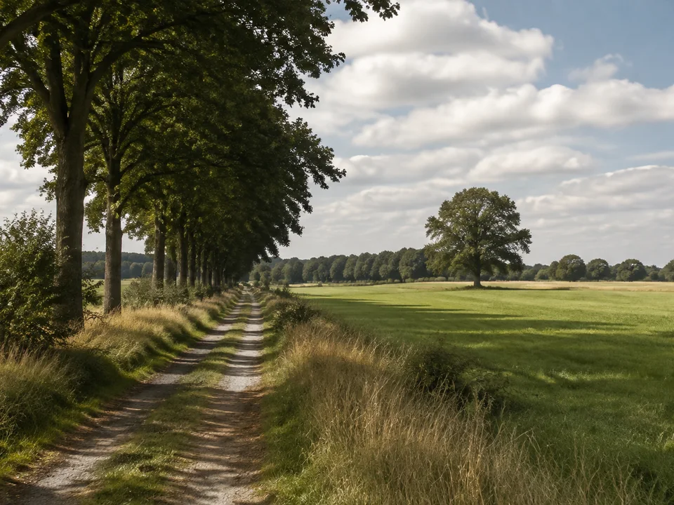 Flache Wiesenlandschaft bei Plate mit Baumreihen und kleinem Feldweg