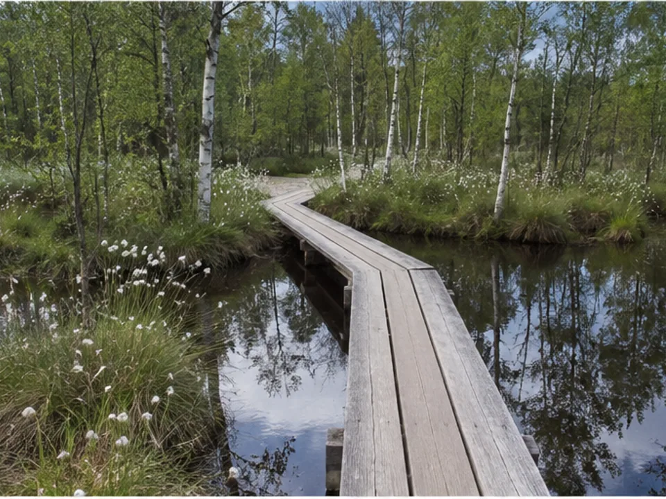 Pietzmoor: Bohlenweg über Moorwasser und Wollgras